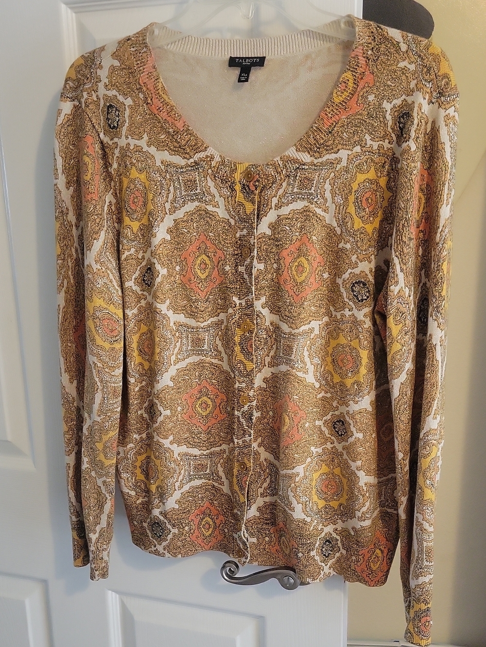 Talbots XLP Printed Metalallic Button-Front Cardigan in Cream, Brown & Yellow